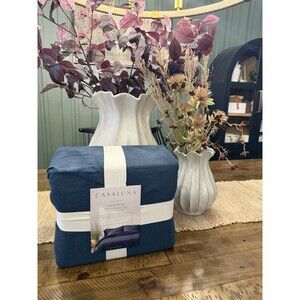 King Heavyweight Linen Blend Duvet Cover and Sham Set Dark Mineral Blue NEW